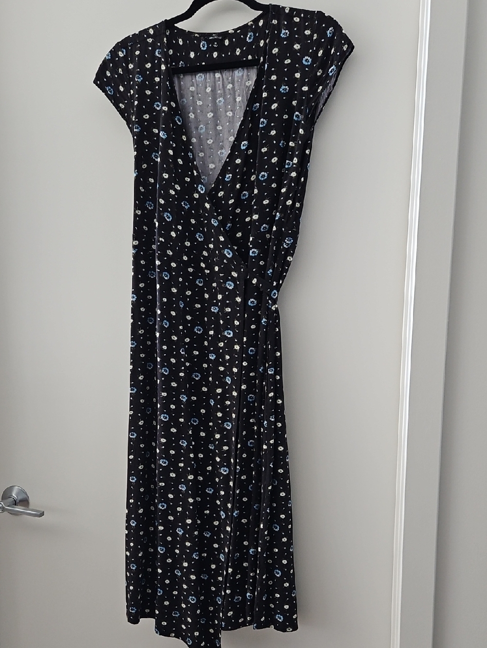 Navy and Blue Floral Print Wrap Dress, Cap Sleeves